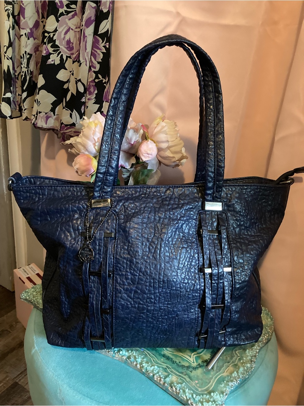 Big Buddha Navy Textured Tote with Decorative Strap Detail